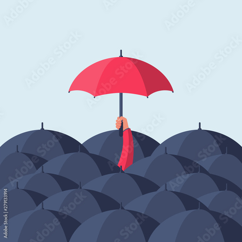 Uniqueness and individuality. Man holding a red umbrella among people with black umbrellas. Standing out from the crowd.Difference concept. Vector illustration flat design. Isolated on background.