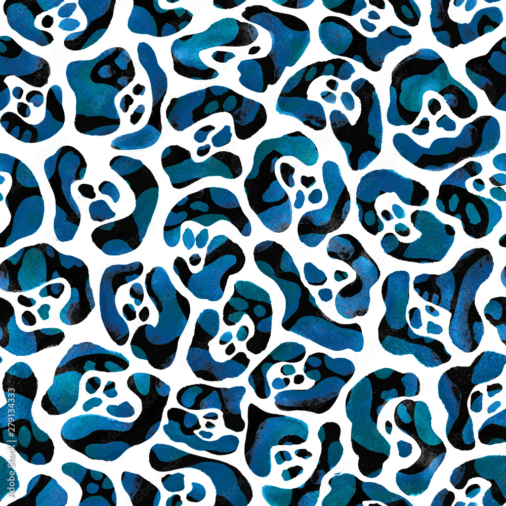 Fototapeta premium Trendy navy blue leopard spots isolated on white background. Seamless hand drawn illustration
