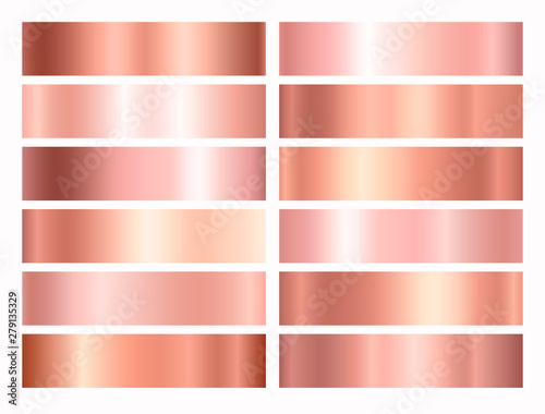 Gold rose foil texture set isolated on white background. Vector golden shine metallic gradient template collection for border, frame, ribbon design.