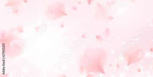 Petals of pink rose spa background. Realistic flying sakura cherry flower elements for romantic banner design.