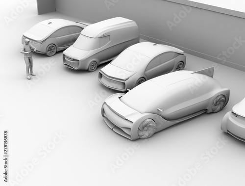 Clay rendering of a man using smartphone to remote control car parking. Self parking system concept. 3D rendering image. © chesky