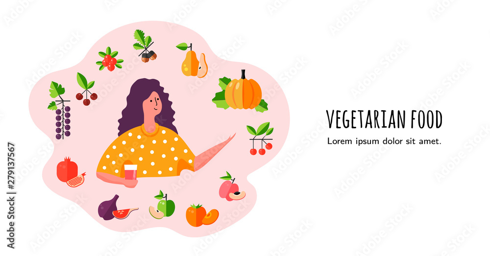 Healthy vegetarian food around cute woman. Dieting concept banner with character. Vector illustration. 