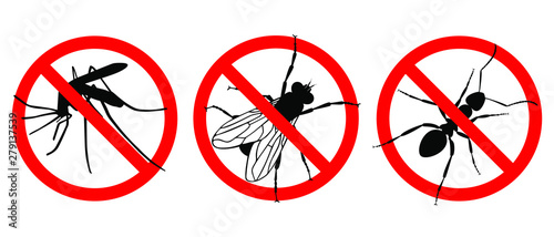 Warning sign NO INSECTS. Prohibited sign. Set icons: NO MOSQUITOES; NO ANTS, NO FLIES. Symbol for informational and institutional sanitation and related care