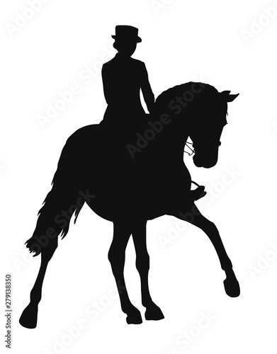 Silhouette of a dressage rider on a horse executing the half pass on gallop
