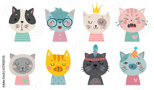 Cute cats faces. Hand drawn characters.