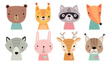 Cute animal faces. Hand drawn characters.