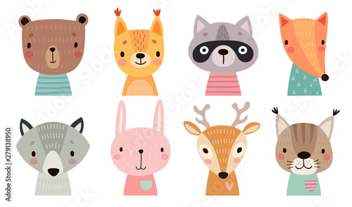 Cute animal faces. Hand drawn characters. © lumencre