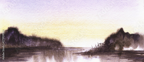 Abstract landscape background. Boundless horizon of dark water with two blurred gloomy land plots beneath dusk sky reflecting in smooth surface. Hand drawn by watercolor with charcoal effect.