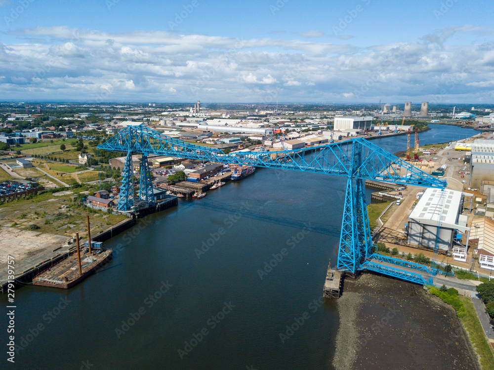 The Tees Transporter Bridge that crosses the river Tees between stockton and Middlesbrough. The bridge is made of steel and over 100 years old