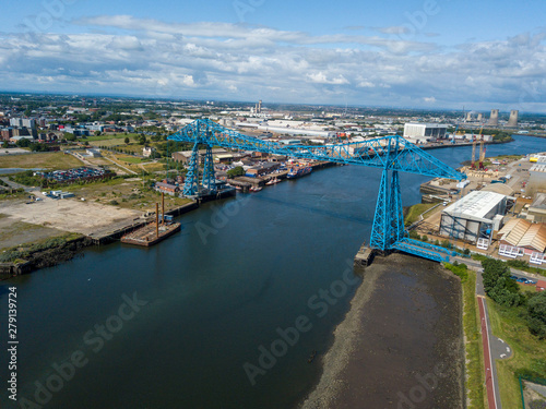 The Tees Transporter Bridge that crosses the river Tees between stockton and Middlesbrough. The bridge is made of steel and over 100 years old © Nigel