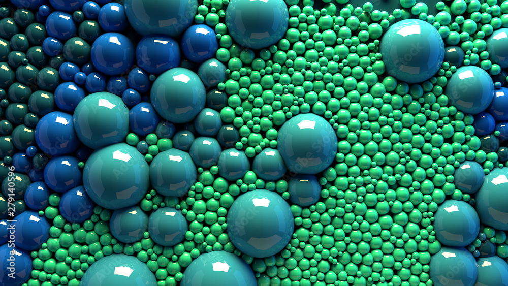 4k 3d animation of spheres and balls colorful rainbow in a organic motion background. Top view of bubbles colorful paint 