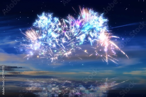 Colorful glowing celebration fireworks on a night sky photo