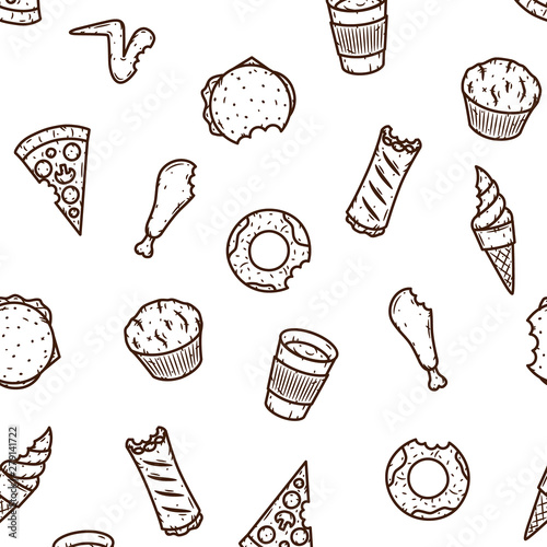 Hand-drawn seamless fast food pattern. Vector illustration.