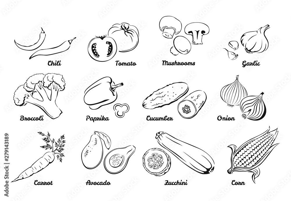 Vegetables. Set of black and white icons. Vector simple illustration of Chilli, Tomato, Mushrooms, Garlic, Onion, Cucumber, Paprika, Broccoli, Carrot, Avocado, Zucchini, Corn. Vegetables. Set of black and white icons. Vector simple illustration of Chilli, Tomato, Mushrooms, Garlic, Onion, Cucumber, Paprika, Broccoli, Carrot, Avocado, Zucchini, Corn.
