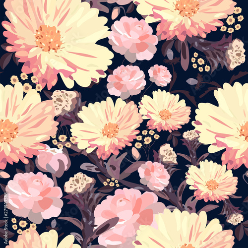 Floral seamless pattern. Abstract template with different kinds of pink flowers on dark background. Vector hand-drawn illustration.