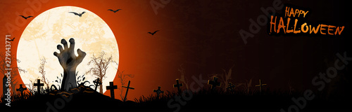 halloween zombie hand in front of full moon