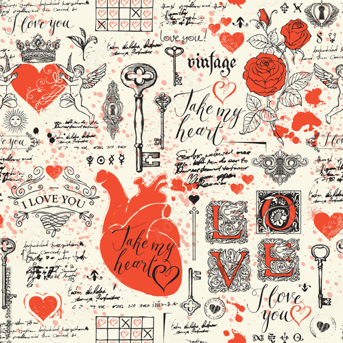Abstract background with hearts, roses, keys, keyholes, cupids and handwritten inscriptions. Vector seamless pattern on the theme of Declaration of love and Valentine day in retro style