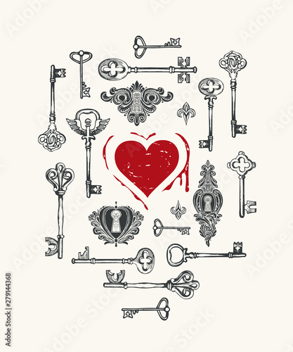 Vector greeting card or banner on the theme of love with hand-drawn vintage keys and red heart with blood in retro style. The keys to the heart.