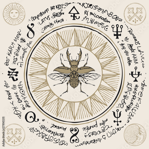 Illustration of a hand-drawn stag-beetle on an old abstract illegible text written in a circle with magical inscriptions and symbols. Vector banner in retro style