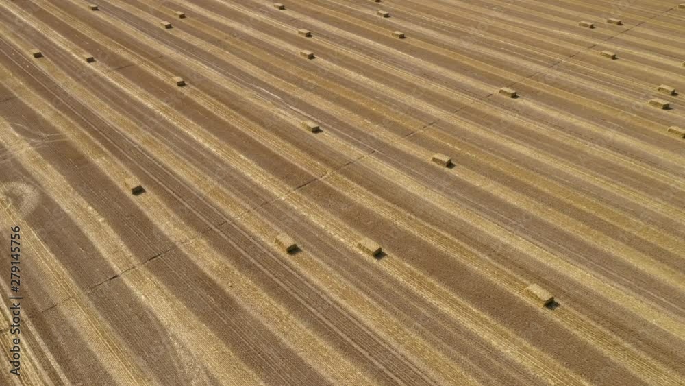 Aerial view of square hay bales in field after harvest Aerial view of square hay bales in field after harvest