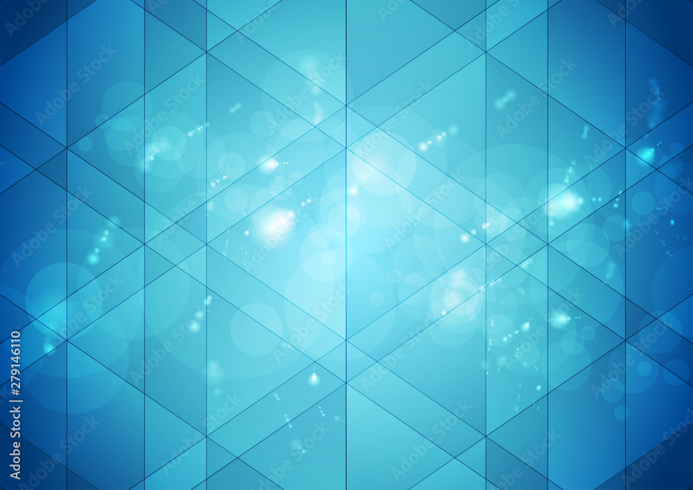 Fototapeta premium Bright blue technology low poly background with shiny bokeh effect. Geometric abstract vector design