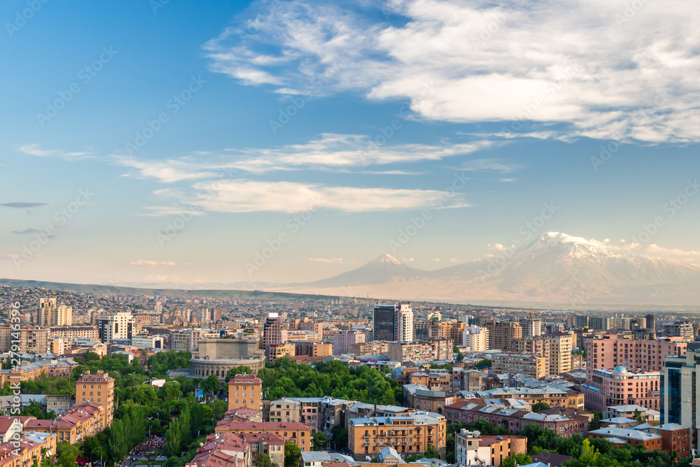 Mount Ararat and Yerevan center with historical buildings