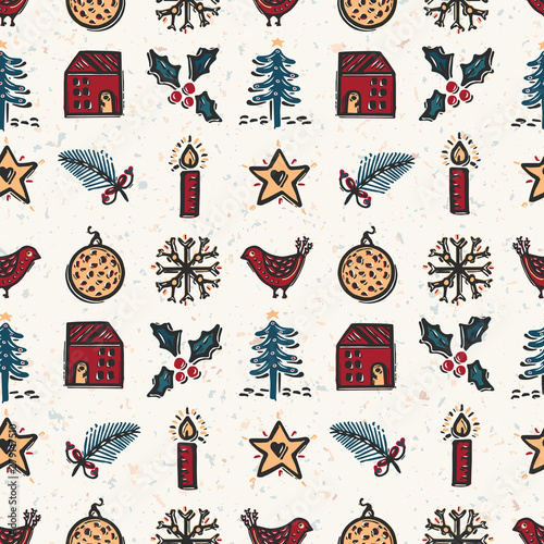 Seamless pattern. Hand drawn naive Christmas candle star, fir, tree, robin bird. Festive folk art background. Traditional holiday all over print. Yule gift wrapping paper illustration. Vector swatch