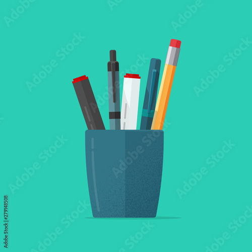 Pencils holder vector illustration or flat cartoon blue glass with stationery pens isolated clipart