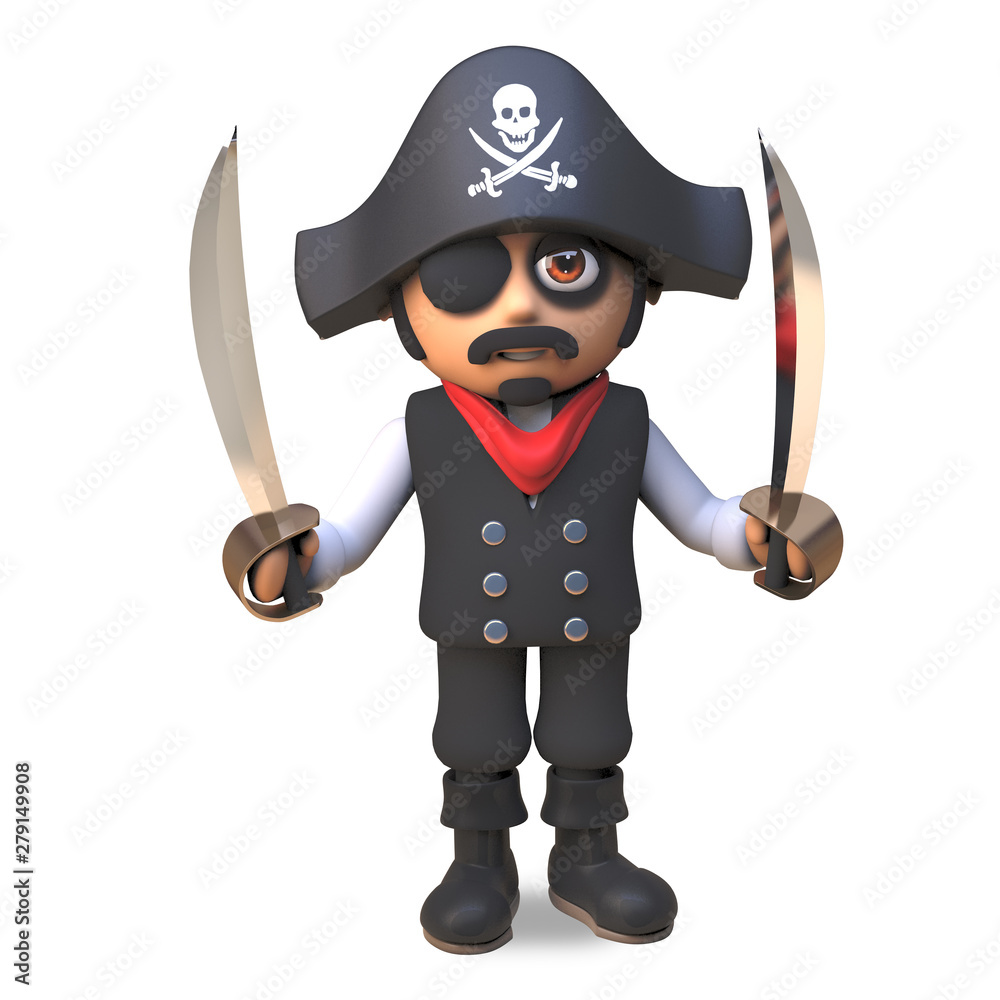 Cartoon 3d pirate sea captain in skull and crossbones with eyepatch ...