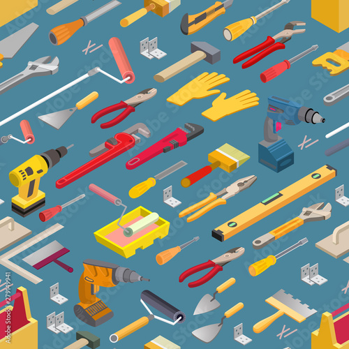 Seamless pattern with isometric construction tools. Vector background.