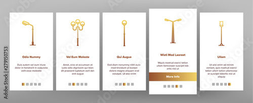 Street Lights Linear Vector Onboarding Mobile App Page Screen. Streetlights Thin Line Contour Symbols Pack. City Illumination. Old Fashioned Lantern, Lamp. Electricity Equipment Illustrations
