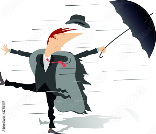 Strong wind, rain and man with umbrella illustration. Whirlwind, rain and man with umbrella lost hat isolated on white illustration