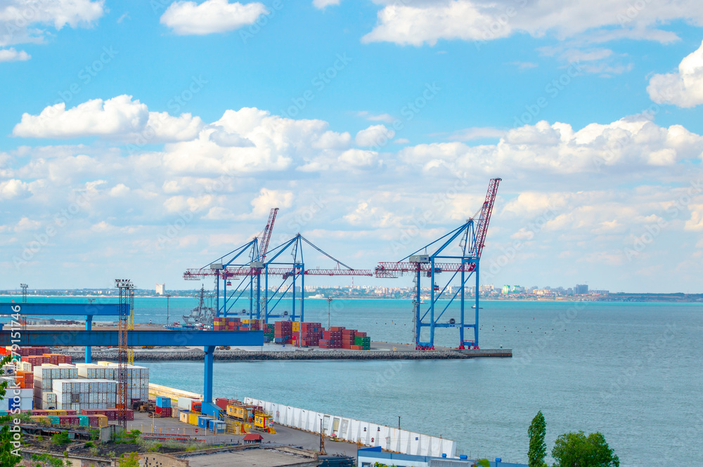 Black Sea trade port, containers loading by crane.