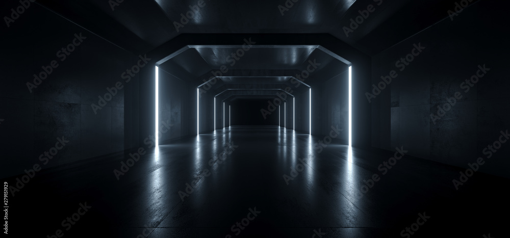 Futuristic Sci Fi Elegant Graphic Background Dark Reflective Grunge Concrete Alien Spaceship Tunnel Corridor Hall Room Gallery Garage Lights Glowing Virtual 3D Rendering