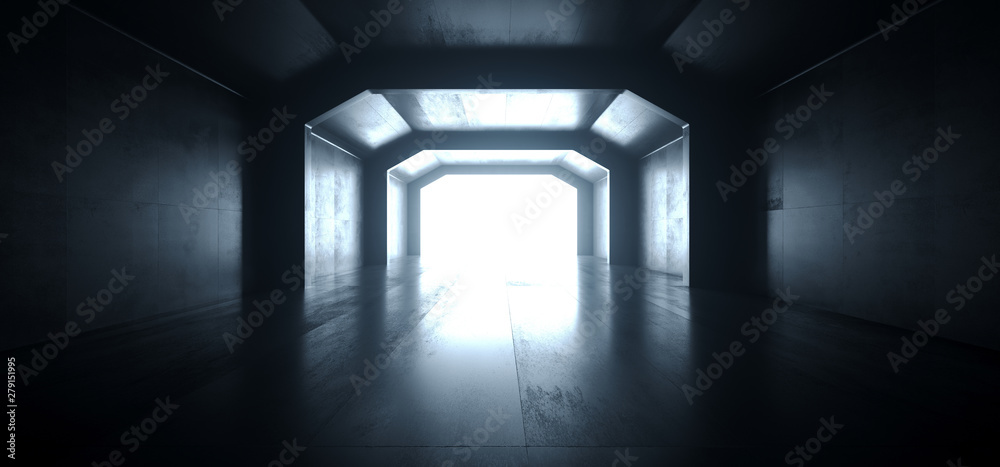 Fototapeta premium Futuristic Sci Fi Elegant Graphic Background Dark Reflective Grunge Concrete Alien Spaceship Tunnel Corridor Hall Room Gallery Garage Lights Glowing Virtual 3D Rendering