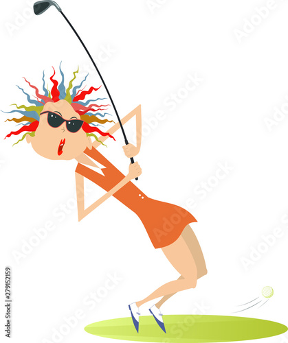 Young golfer woman on the golf course illustration. Cartoon golfer woman aiming to do a good kick isolated on white