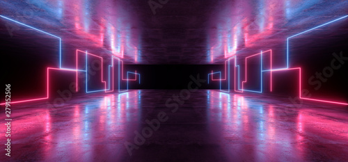 Neon Lights Virtual Sci Fi Futuristic Vibrant Purple Blue Glowing Laser Beam Shapes Dark Grunge Concrete Tunnel Underground Hall Garage Room Gallery Night 3D Rendering © IM_VISUALS