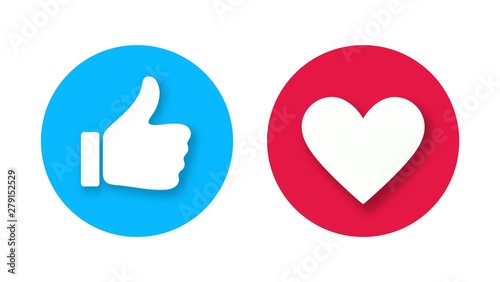 Thumb up and heart icon with falling shadows isolated on white background. Vector like and love icon. Ready like and love button for website and mobile app.