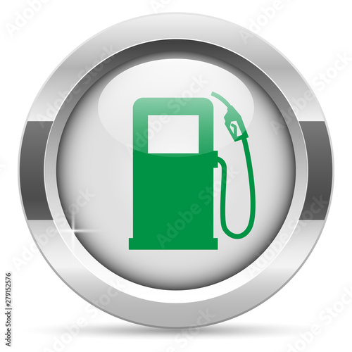 Gas station icon.White metal internet button. Glass with green icon, vector.