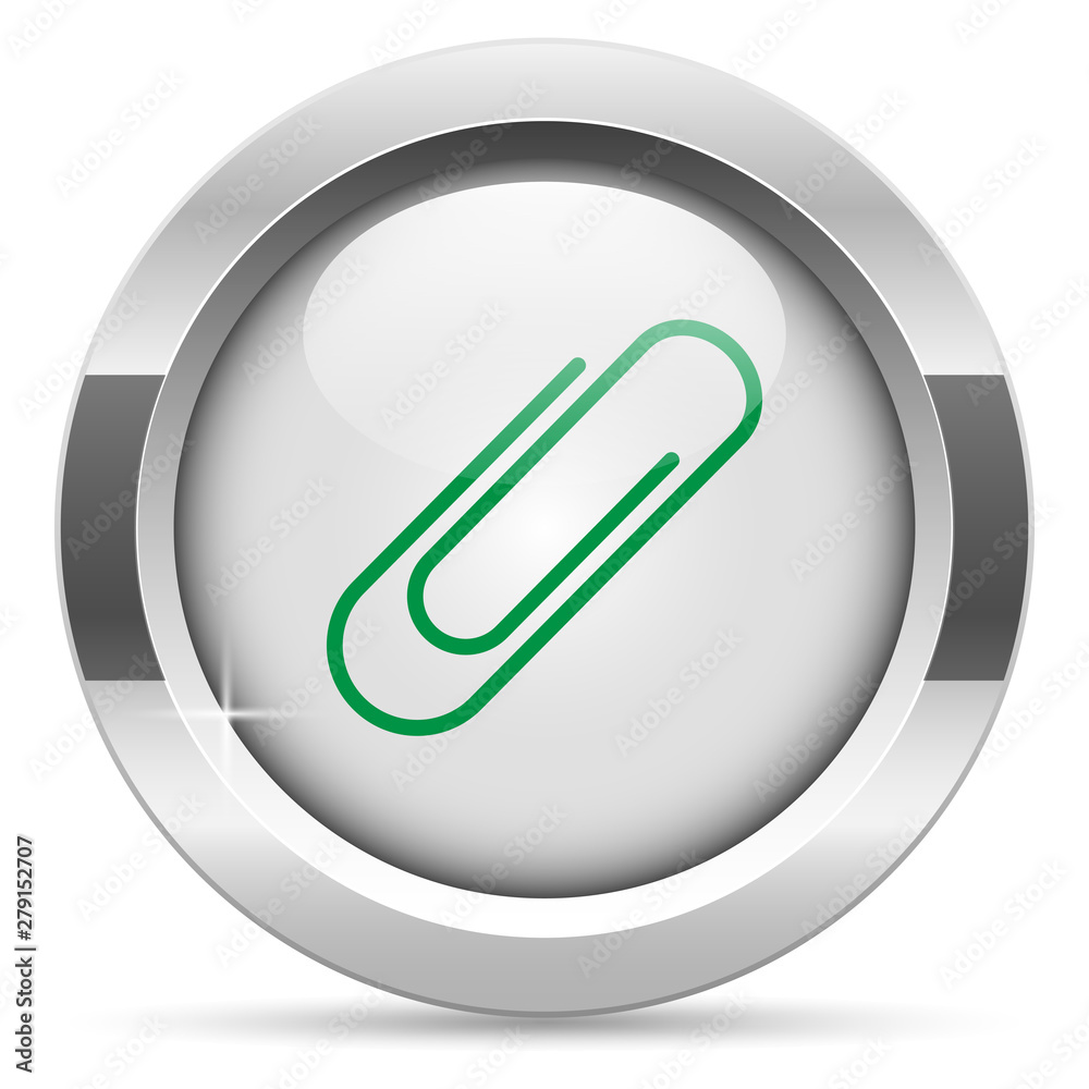 Paperclip icon.White metal internet button. Glass with green icon, vector. Paperclip icon.White metal internet button. Glass with green icon, vector.