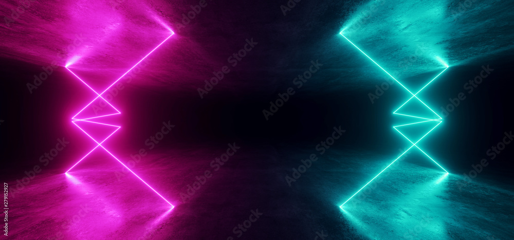 Neon Lights Virtual Sci Fi Futuristic Vibrant Purple Blue Glowing Laser Beam Shapes Dark Grunge Concrete Tunnel Underground Hall Garage Room Gallery Night 3D Rendering Neon Lights Virtual Sci Fi Futuristic Vibrant Purple Blue Glowing Laser Beam Shapes Dark Grunge Concrete Tunnel Underground Hall Garage Room Gallery Night 3D Rendering