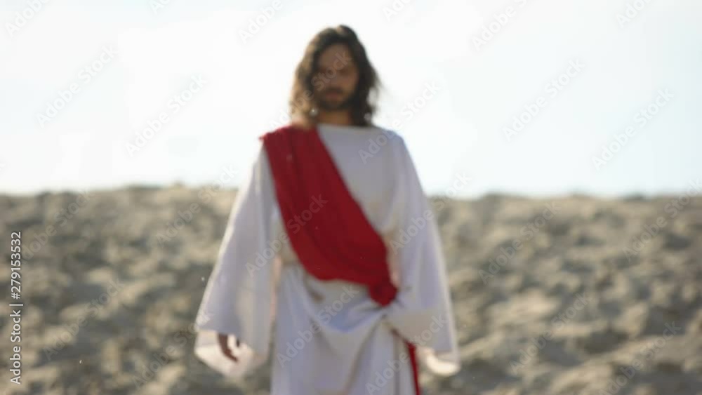 Jesus walking to people, preaching Christian faith in desert, soul salvation Jesus walking to people, preaching Christian faith in desert, soul salvation