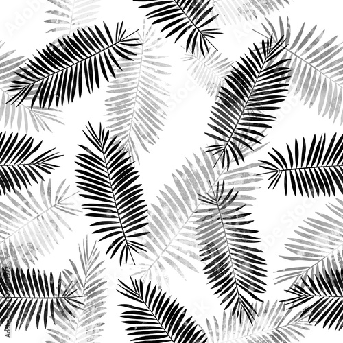 Hand drawn tropical seamless pattern with exotic leaves. Black and white. For background, wallpaper, fabric, gift paper design. © Vera