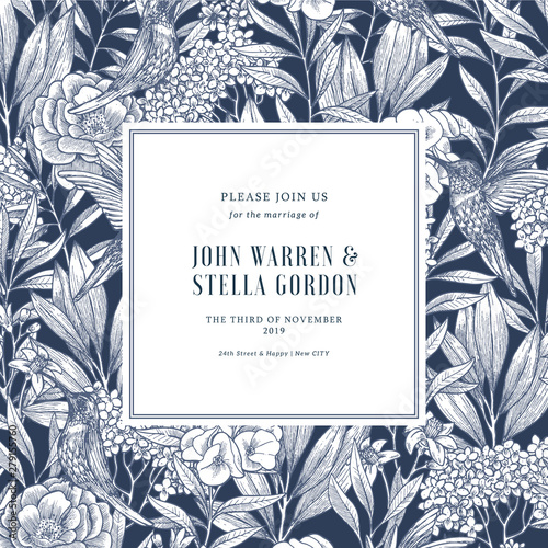 Elegant floral wedding invitation with birds and peony flowers. Vector illustration