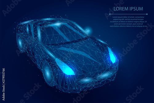 Abstract mash line and point high speed motion car. Vector transportation illustration. Polygonal low poly fast drive, vehicle road travel concept  