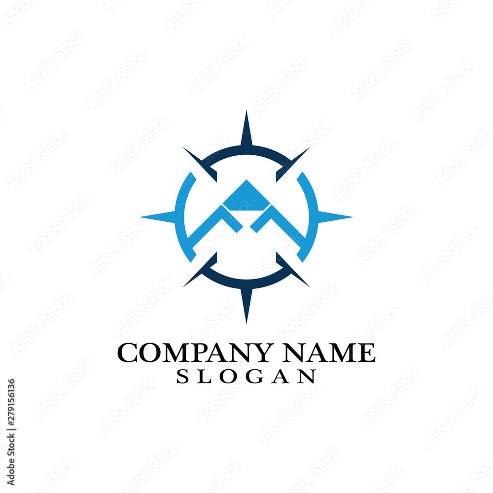 Fototapeta premium Mountain adventure logo design. Compass icon symbol