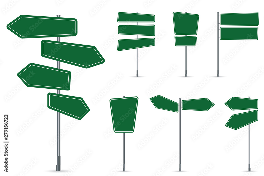 Green blank signs isolated on white background. Road signs. Green blank signs isolated on white background. Road signs.