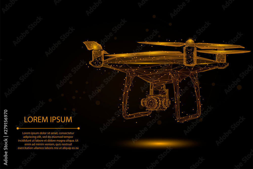 Abstract mash line and point Quadrocopter. Vector business illustration. Polygonal low poly 3D flying drone Abstract mash line and point Quadrocopter. Vector business illustration. Polygonal low poly 3D flying drone