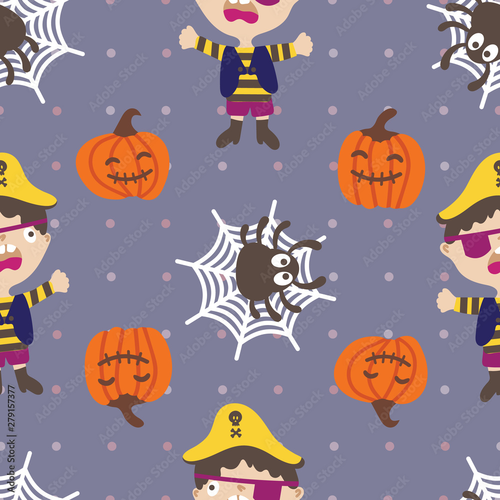 Seamless pattern of halloween theme. Illustration of cute whiny pirate, spider, webs, and jack-o-lantern on polkadots background. Seamless pattern of halloween theme. Illustration of cute whiny pirate, spider, webs, and jack-o-lantern on polkadots background.