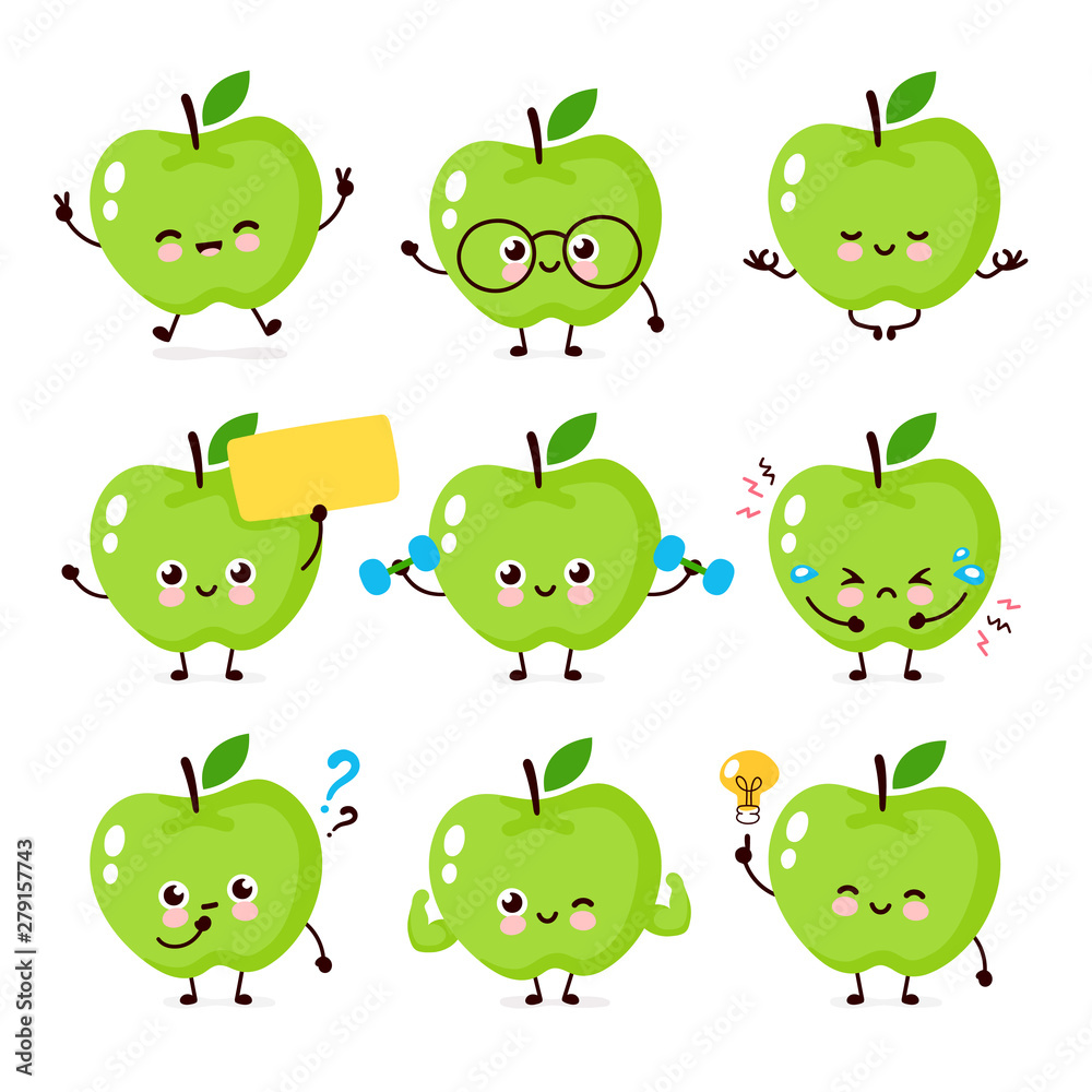 Cute happy smiling apple character set 